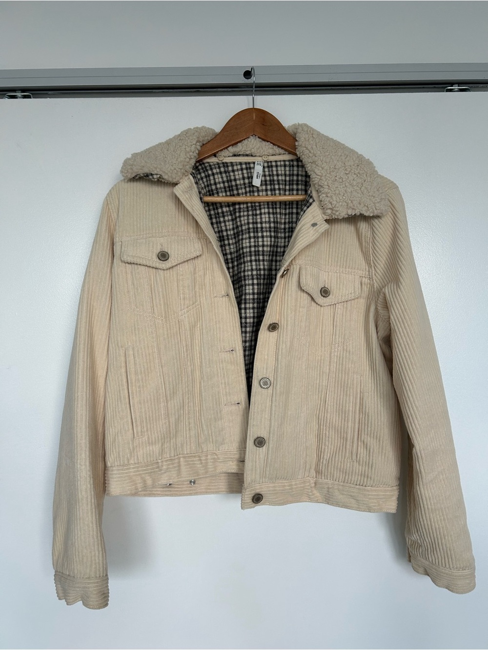 Mango Cream Corduroy Jacket with Black Plaid Lining
